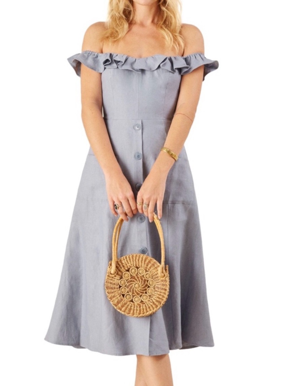 Reformation Hattie Blue Ruffle off shoulder Linen A-Line Blue midi Dress size 6